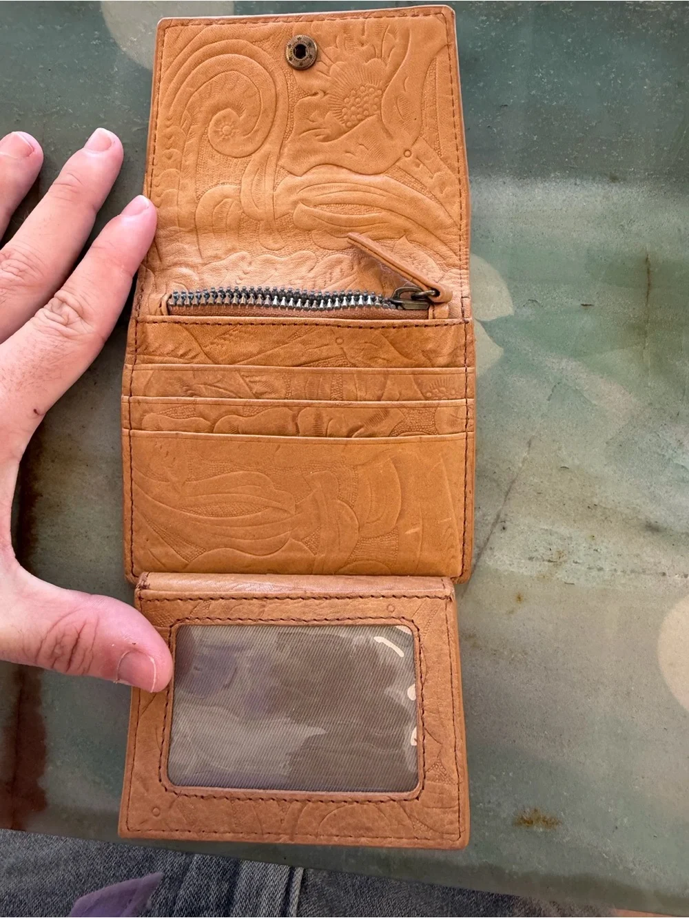 American Leather Co Brown Floral Tooled Trifold Wallet ID Window Zip Coin